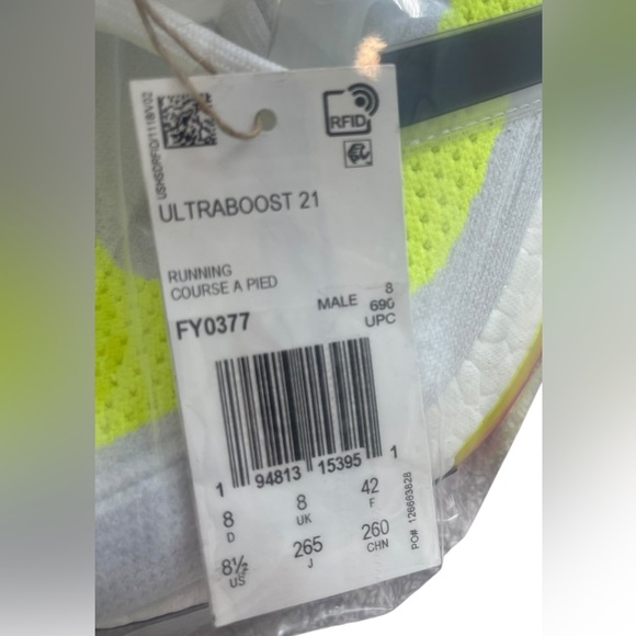 Men’s Size 8.5 Adidas UltraBoost 21 White Solar Yellow Tennis Shoes Runners NWT - Picture 7 of 8